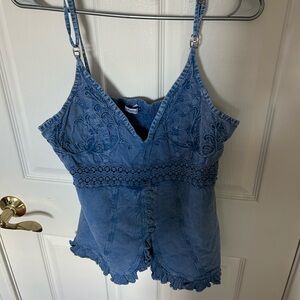 Blue Embroidered Denim Romper